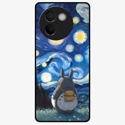 Totoro In Van Gogh Art Glass Case showing flat back view with whimsical character artwork inspired by Van Gogh style and glossy glass finish.