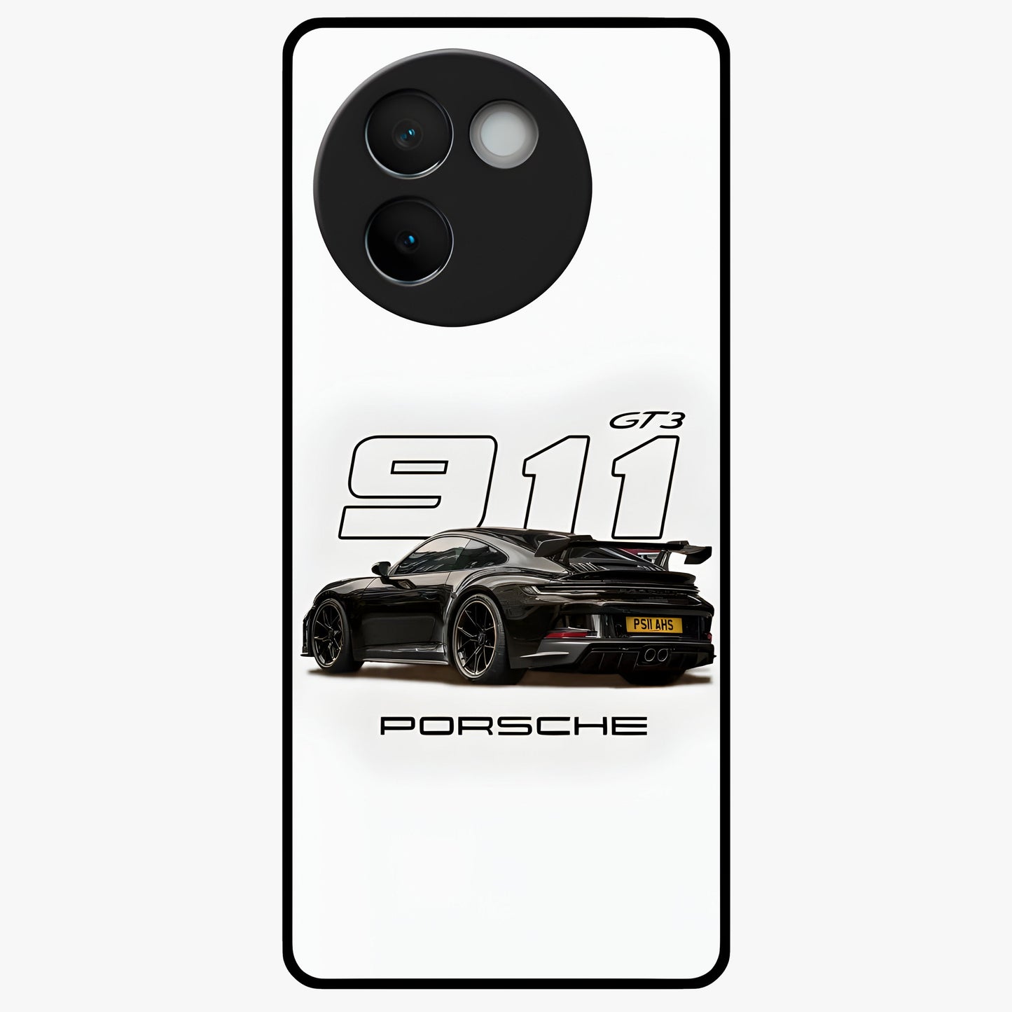 Turbo Legacy Icon Glass Case showing flat back view with iconic sports car inspired artwork and glossy glass finish.
