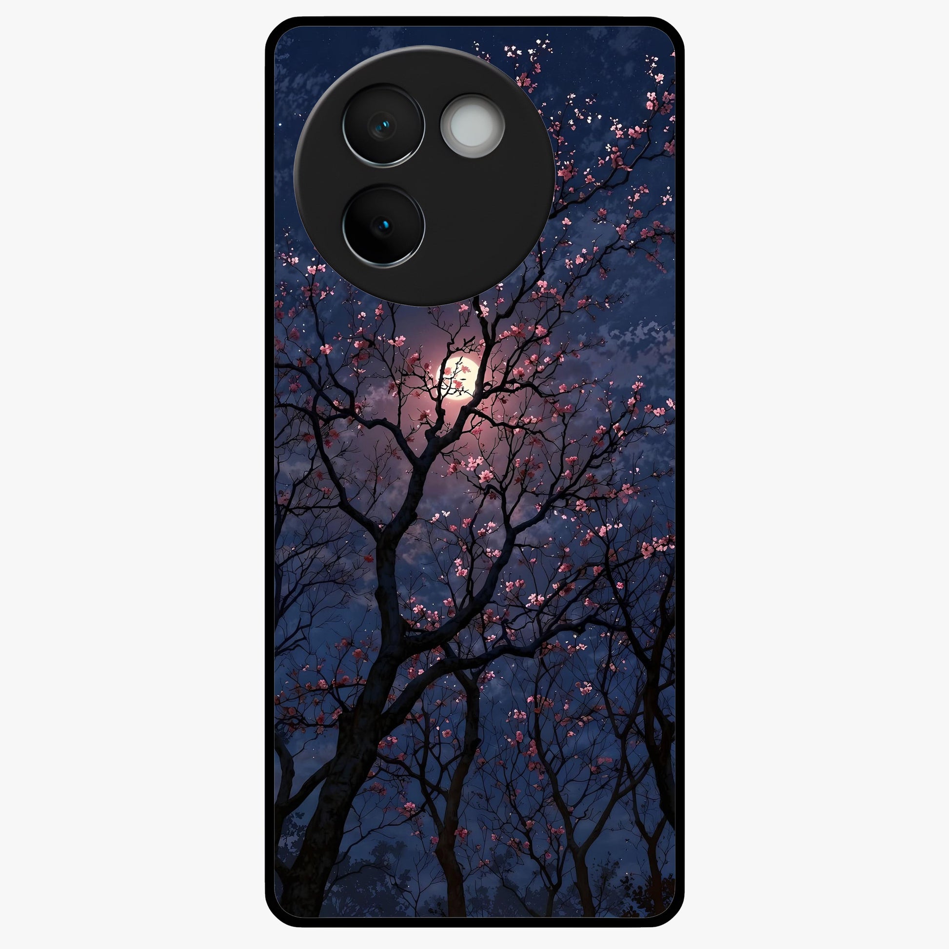 Twilight Sakura Serenade Glass Case showing flat back view with cherry blossom artwork at twilight and glossy glass finish.