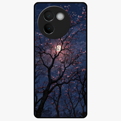 Twilight Sakura Serenade Glass Case showing flat back view with cherry blossom artwork at twilight and glossy glass finish.