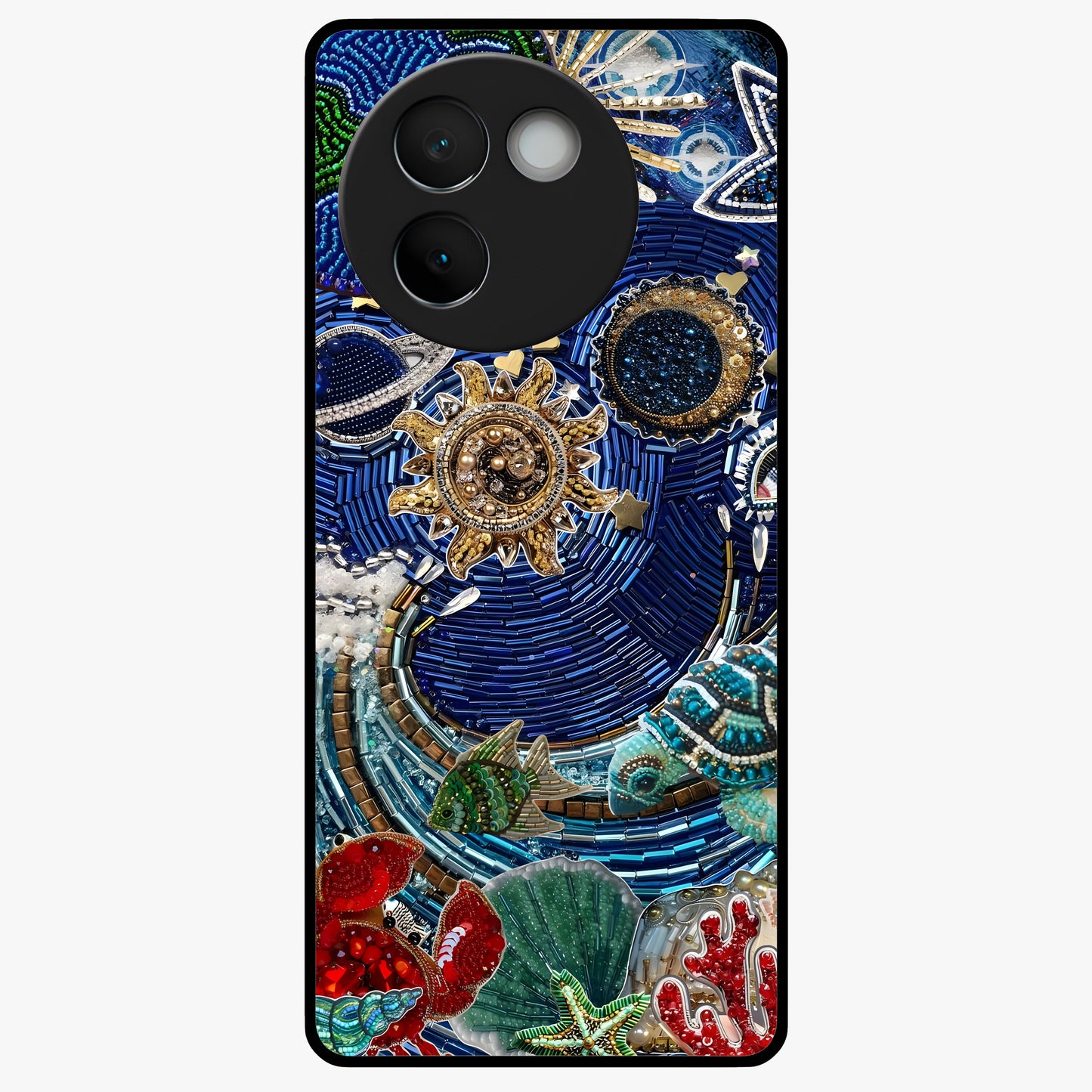 Universe Underwater Spark Glass Case showing flat back view with cosmic underwater themed artwork and glossy glass finish.