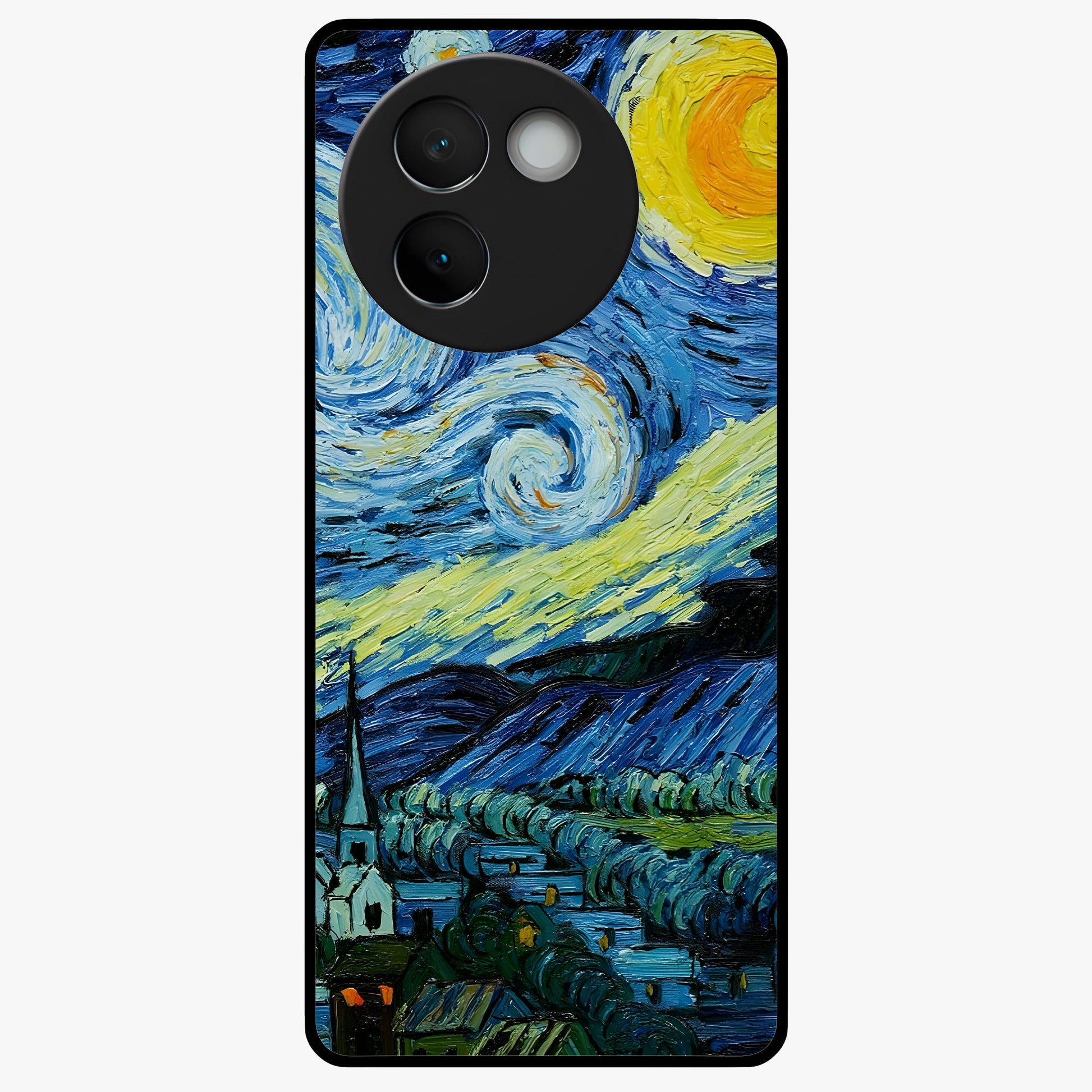 Van Gogh Art Glass Case showing flat back view with classic painterly artwork inspired by Van Gogh style and glossy glass finish.