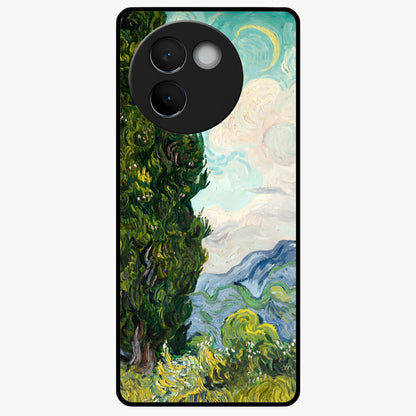 Van Gogh Vintage Art Glass Case showing flat back view with vintage painterly artwork inspired by Van Gogh style and glossy glass finish.