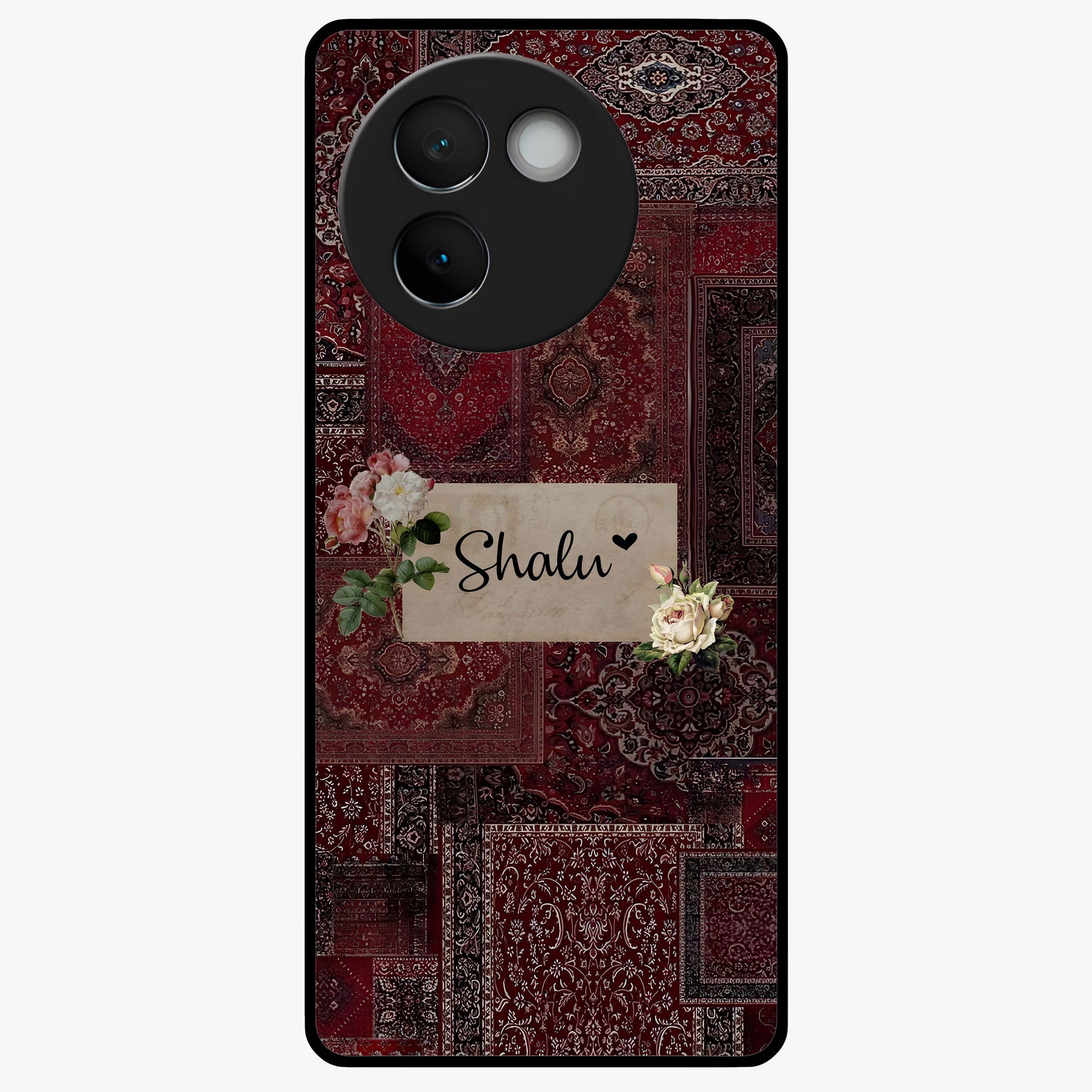 Velvet Wine Pattern Custom Name Glass Case showing flat back view with elegant wine colored pattern artwork and personalized name design.