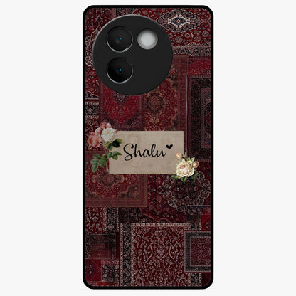 Velvet Wine Pattern Custom Name Glass Case showing flat back view with elegant wine colored pattern artwork and personalized name design.