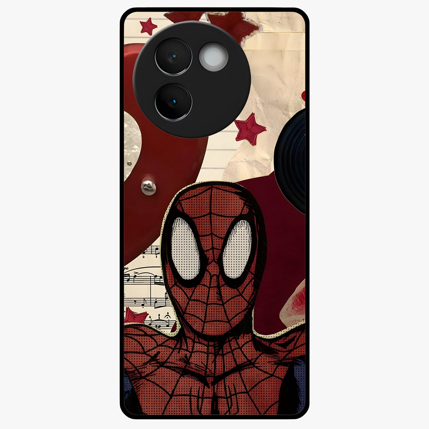 Web Warrior Vibes Glass Case showing flat back view with superhero inspired web themed artwork and glossy glass finish.