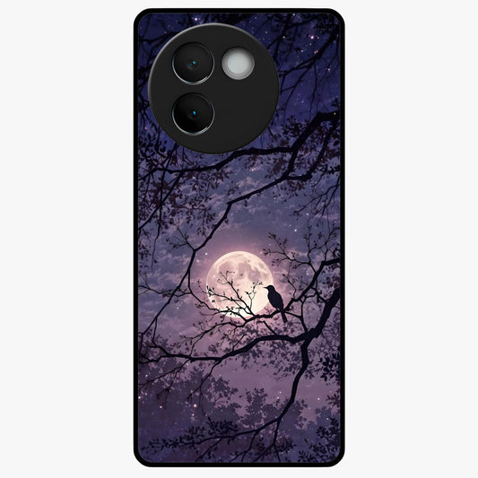 Whispering Moon Silence Glass Case showing flat back view with serene moon themed artwork and glossy glass finish.