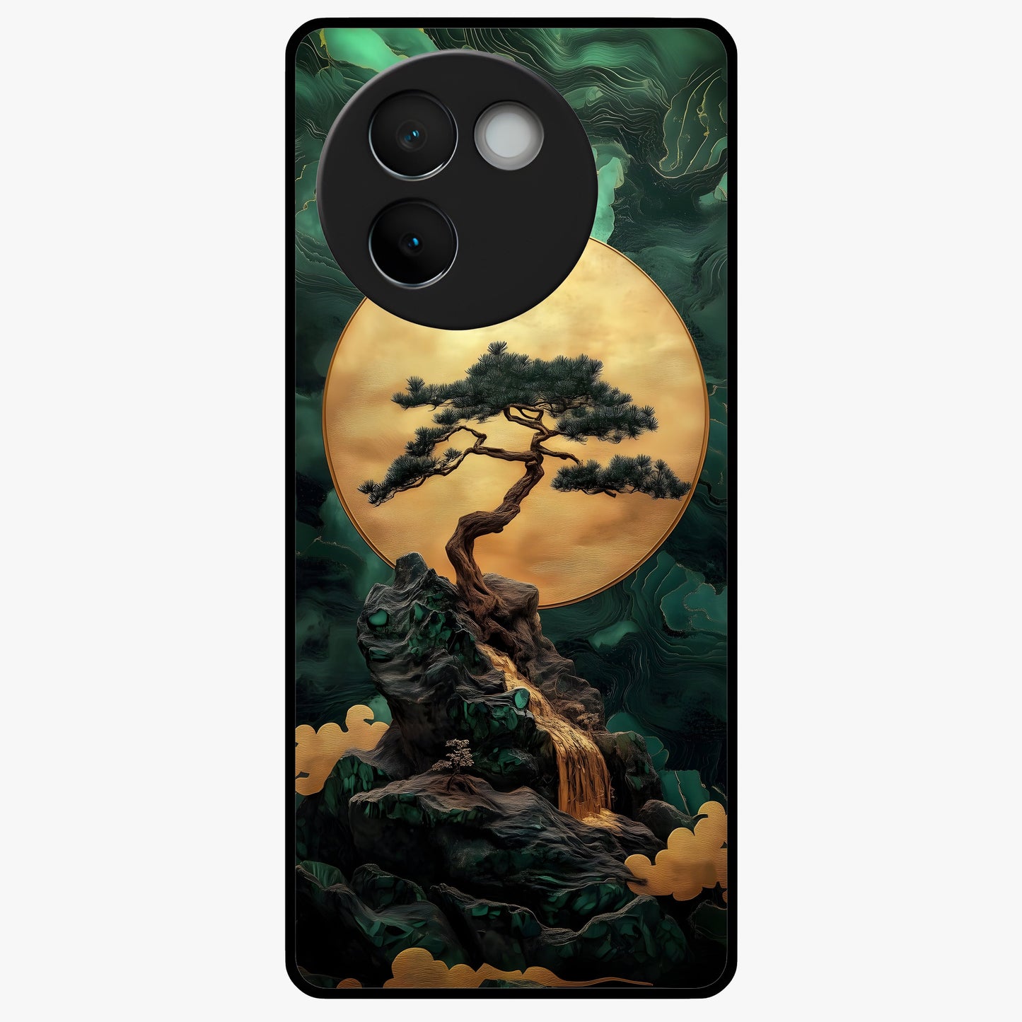 Zen Moon Rise Glass Case showing flat back view with calm moonrise artwork and glossy glass finish.