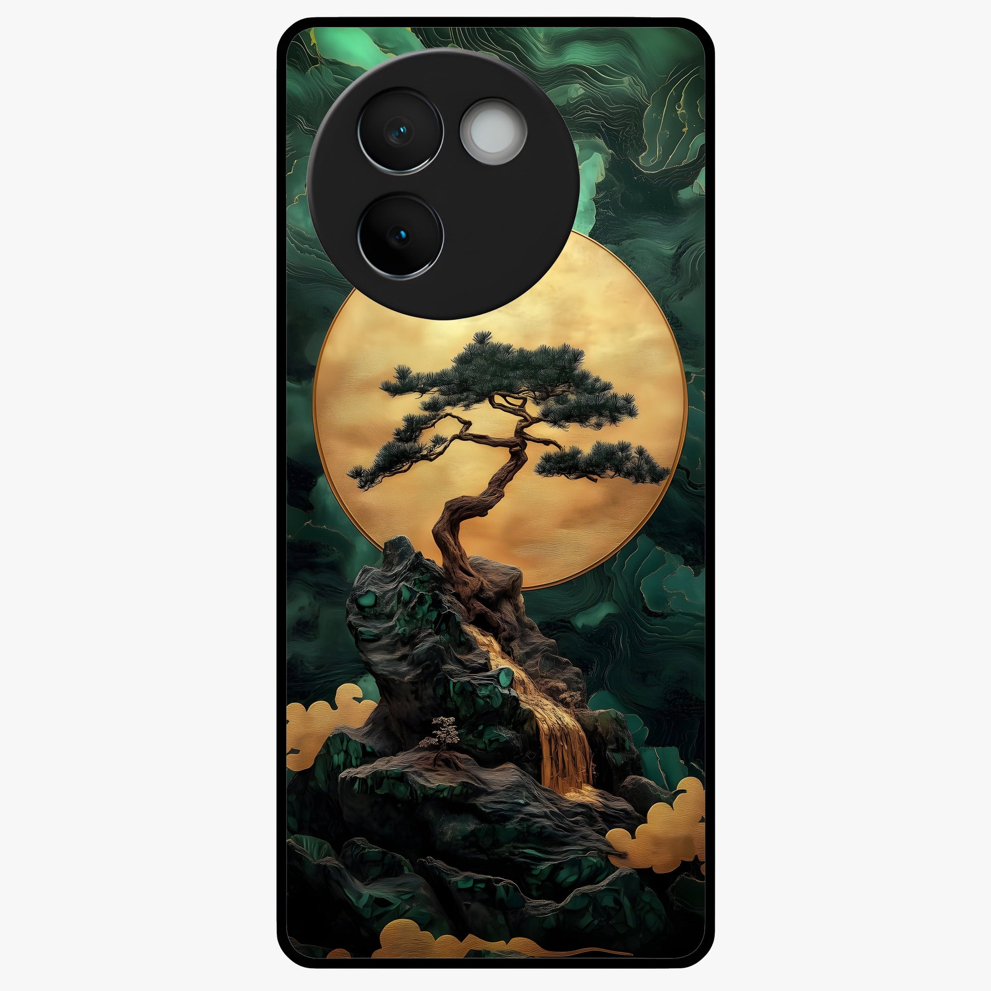 Zen Moon Rise Glass Case showing flat back view with calm moonrise artwork and glossy glass finish.