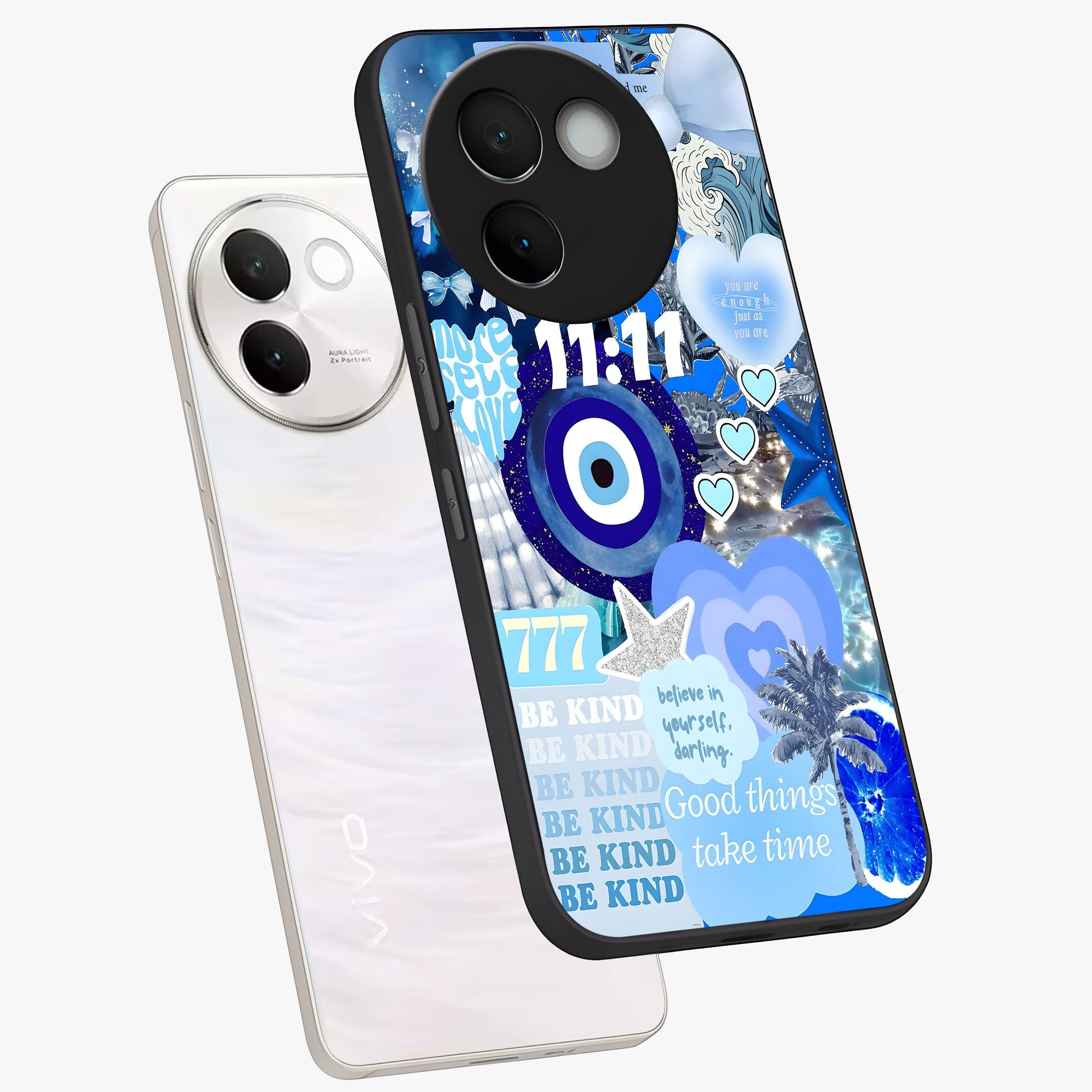 Aesthetic Be Kind Eye Glass Case displayed in angled mockup highlighting aesthetic eye design and inspirational vibe.