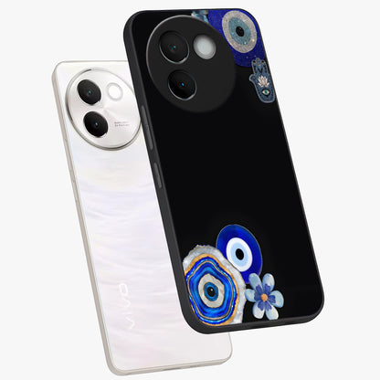 Aesthetic Blue Evil Eye Glass Case displayed in angled mockup highlighting blue evil eye symbol and spiritual aesthetic design.