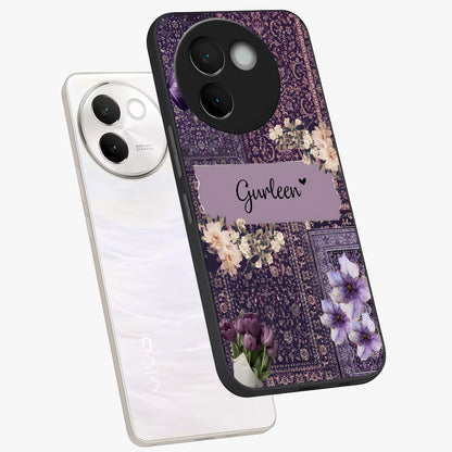Antique Floral Whisper Custom Name Glass Case displayed in angled mockup highlighting elegant antique floral aesthetic.