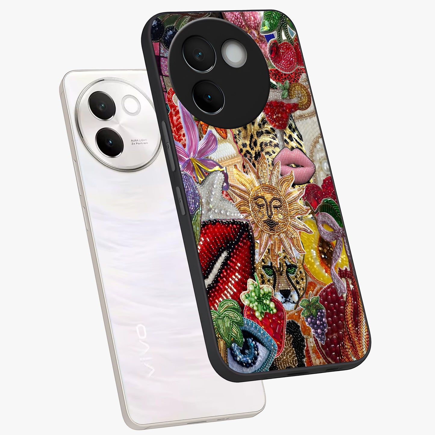 Beaded Fashion Jungle Glass Case displayed in angled mockup highlighting colorful fashion bead design and artistic pattern.