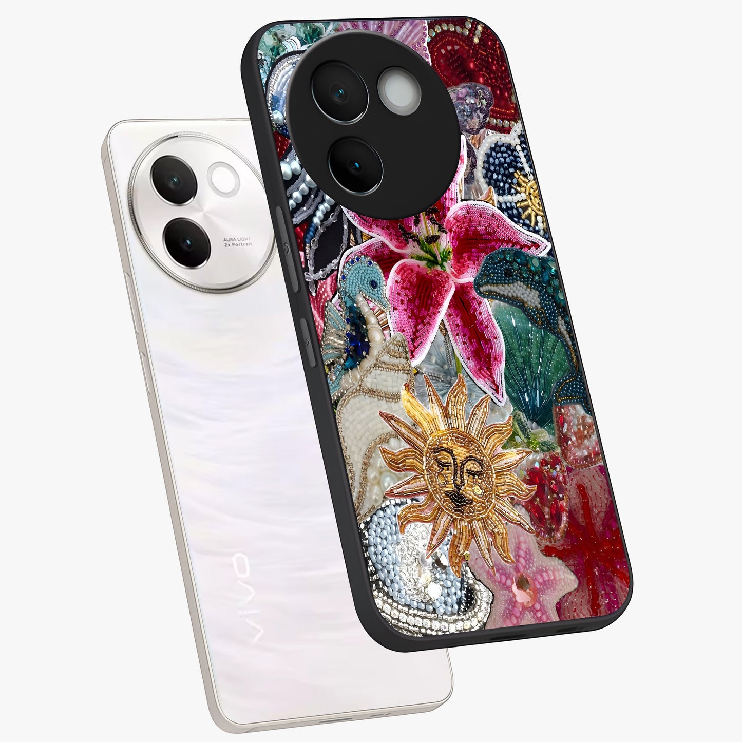 Beaded Garden Fantasy Glass Case displayed in angled mockup highlighting fantasy inspired floral bead pattern.