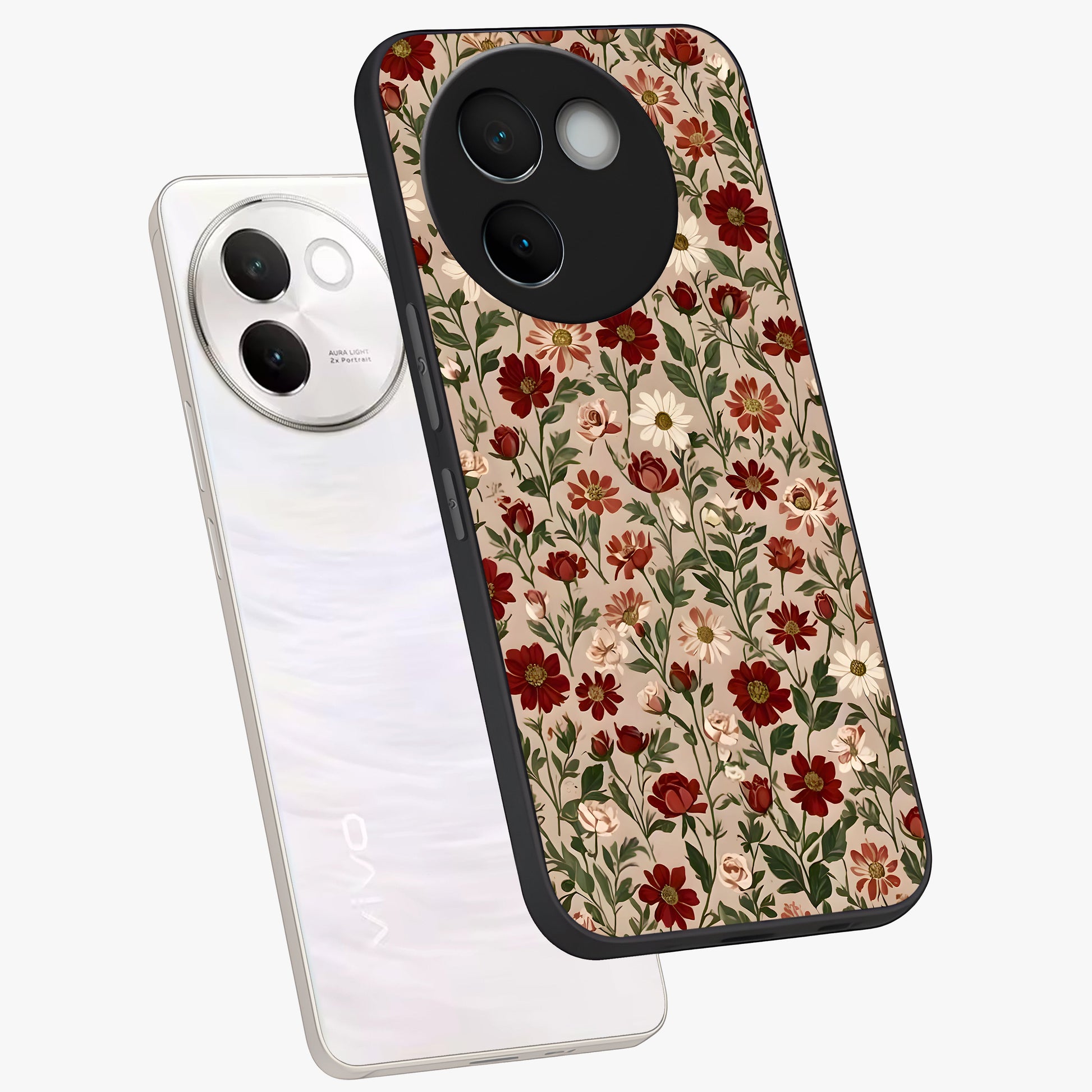 Biege Flower With Leaf Glass Case displayed in angled mockup highlighting minimal floral leaf design and elegant aesthetic.