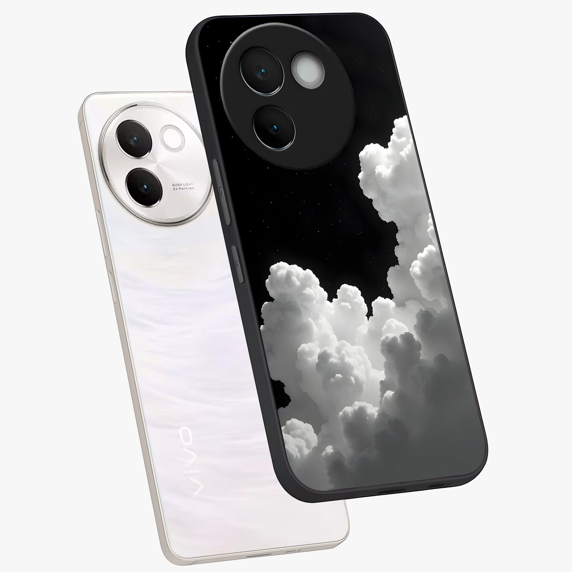 Black Background With White Cloud Glass Case displayed in angled mockup highlighting soft white cloud illustration and minimal design.