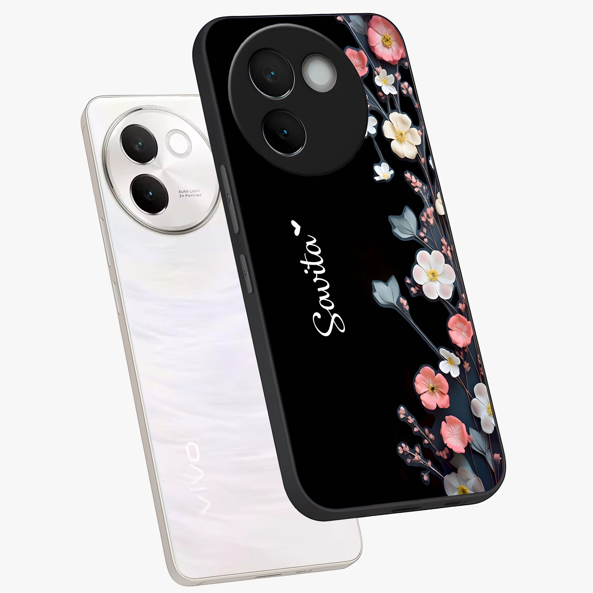 Black Elegance Floral Custom Name Glass Case displayed in angled mockup highlighting dark floral aesthetic and custom name feature.