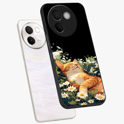 Blissful Bloom Cat Glass Case displayed in angled mockup highlighting playful feline illustration with soft floral aesthetic.