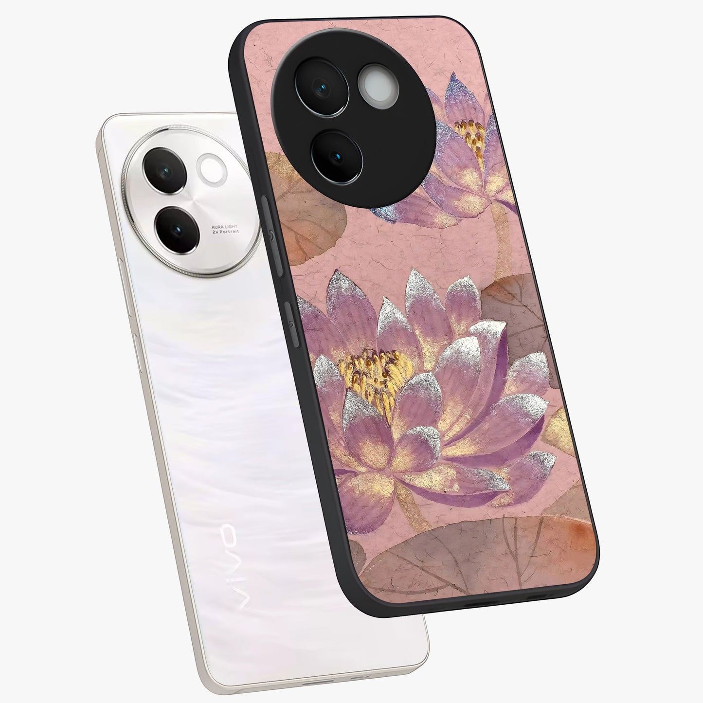 Blossom Mist Lotus Glass Case displayed in angled mockup highlighting delicate lotus illustration with calm aesthetic theme.
