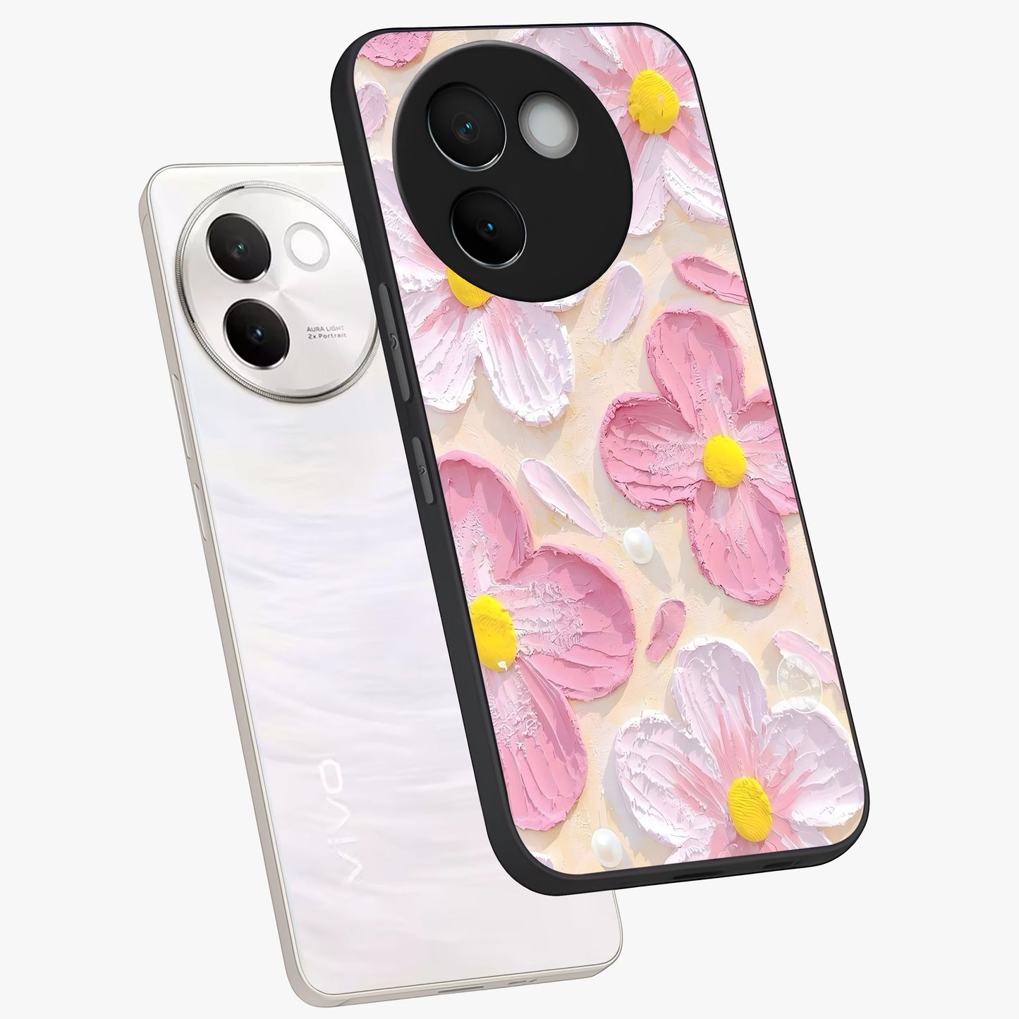 Blush Bloom Texture Glass Case displayed in angled mockup highlighting subtle bloom pattern with aesthetic pastel design.