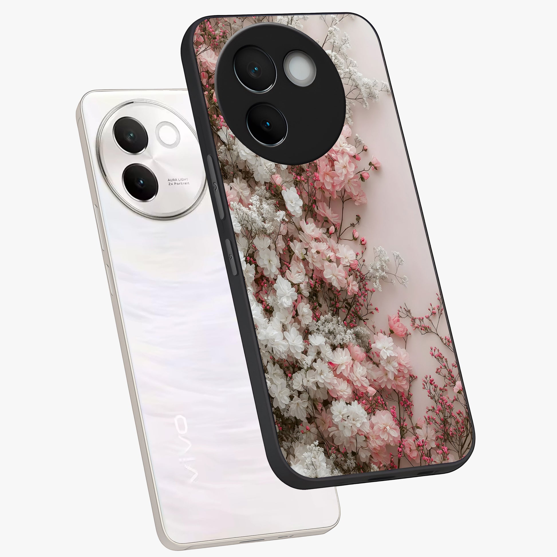 Blush Blossom Cloud Glass Case displayed in angled mockup highlighting soft cloud and blossom design with pastel aesthetic.