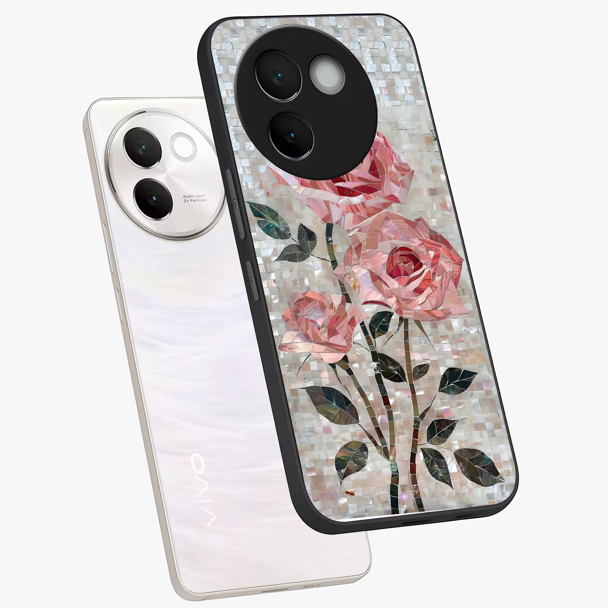 Blush Mosaic Bloom Glass Case displayed in angled mockup highlighting artistic mosaic flower pattern with aesthetic design.