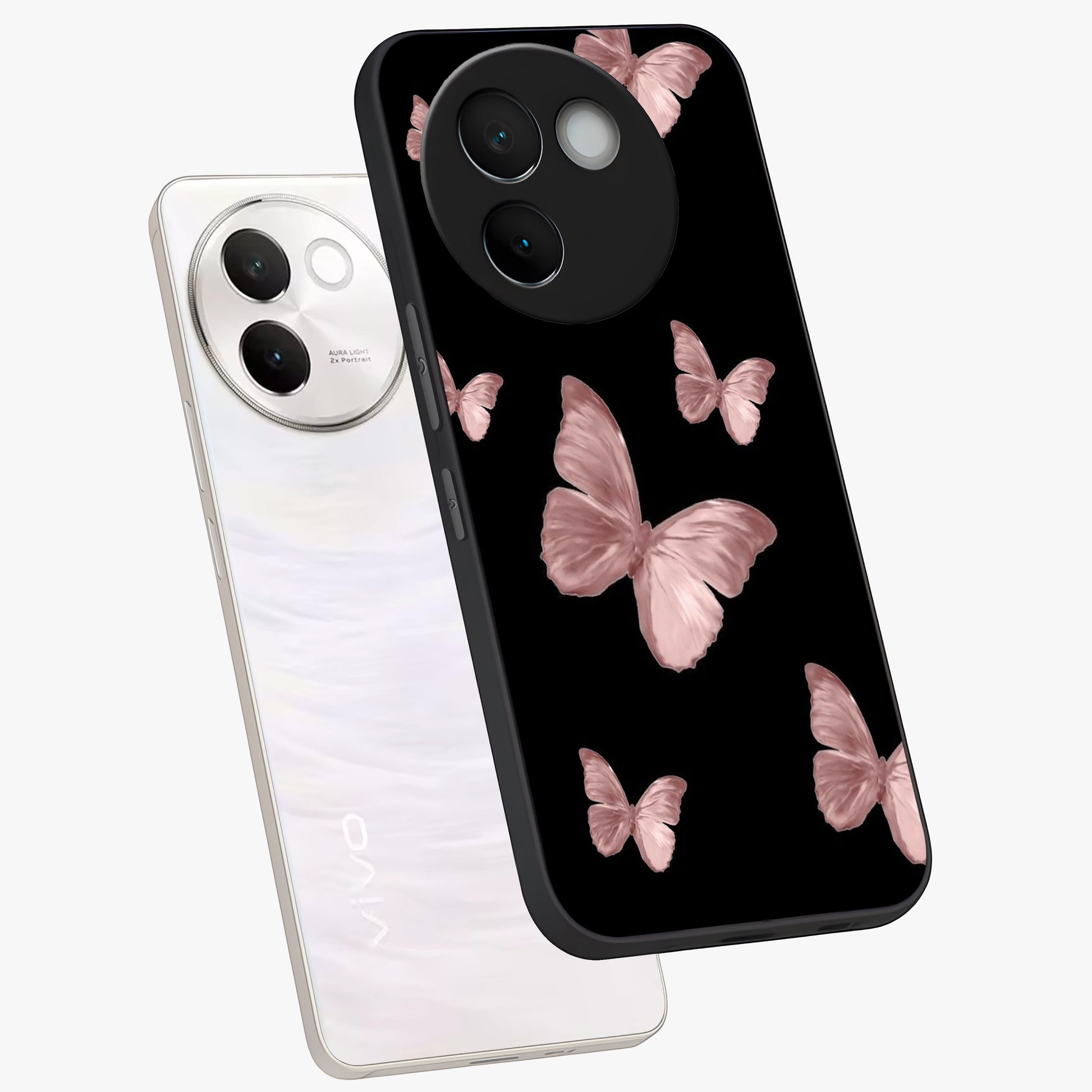 Butterfly Pattern Glass Case displayed in angled mockup highlighting delicate butterfly design and aesthetic pattern style.