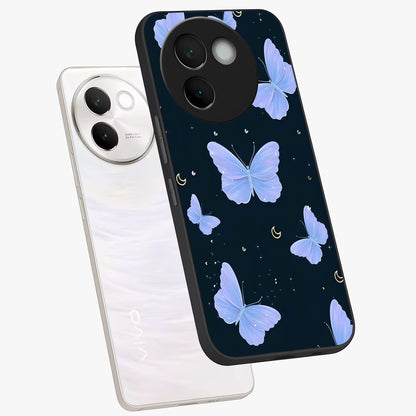 Butterfly With Stars Pattern Glass Case displayed in angled mockup highlighting dreamy butterfly and star design with aesthetic theme.