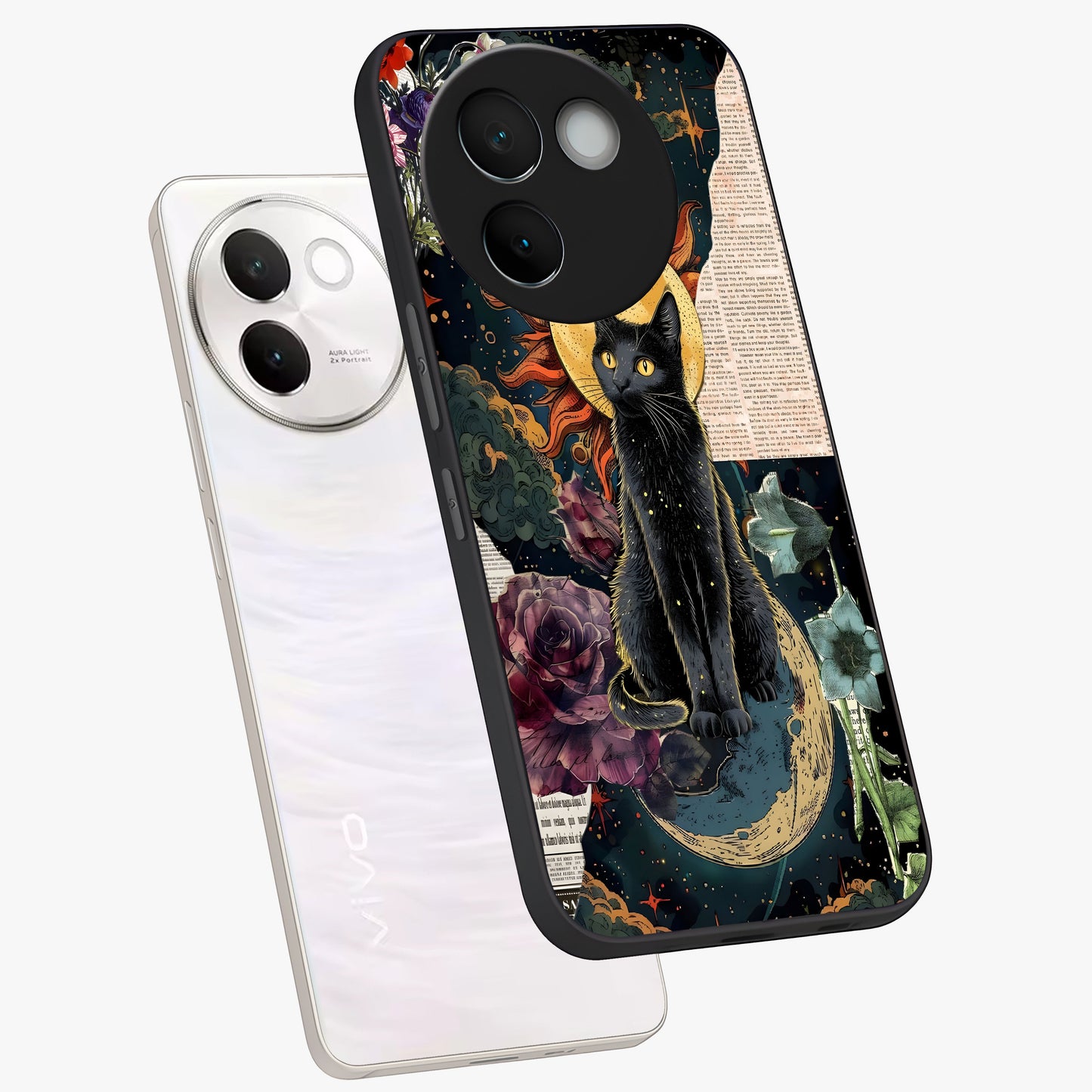 Celestial Black Cat Glass Case displayed in angled mockup highlighting cosmic black cat design with celestial aesthetic.