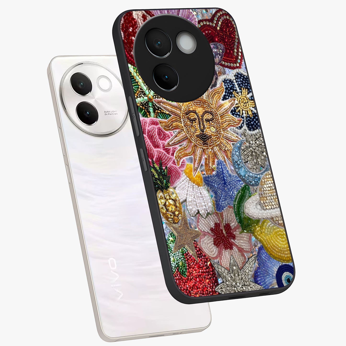 Celestial Floral and Playful Glass Case displayed in angled mockup highlighting playful floral design with dreamy celestial elements.