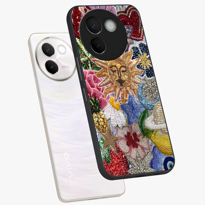Celestial Floral and Playful Glass Case displayed in angled mockup highlighting playful floral design with dreamy celestial elements.
