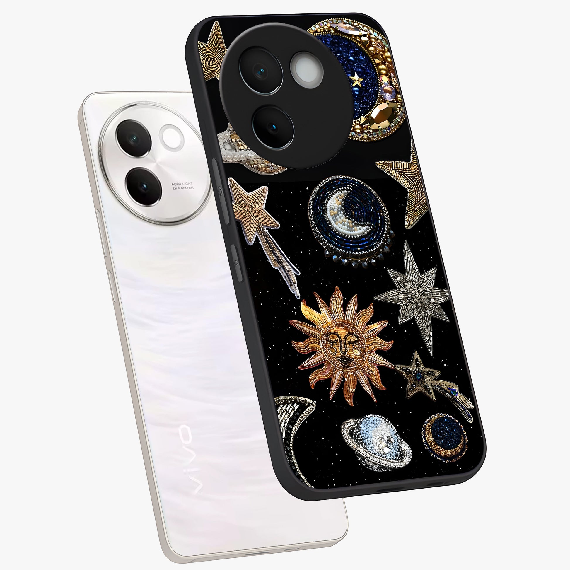 Celestial Gem Constellations Glass Case displayed in angled mockup highlighting gemstone inspired constellation design.