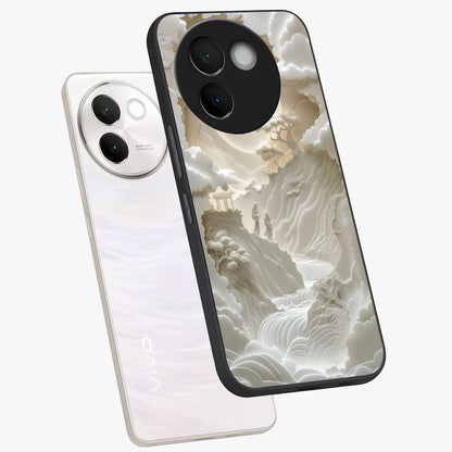 Celestial Origami Glass Case displayed in angled mockup highlighting geometric origami design with cosmic aesthetic theme.