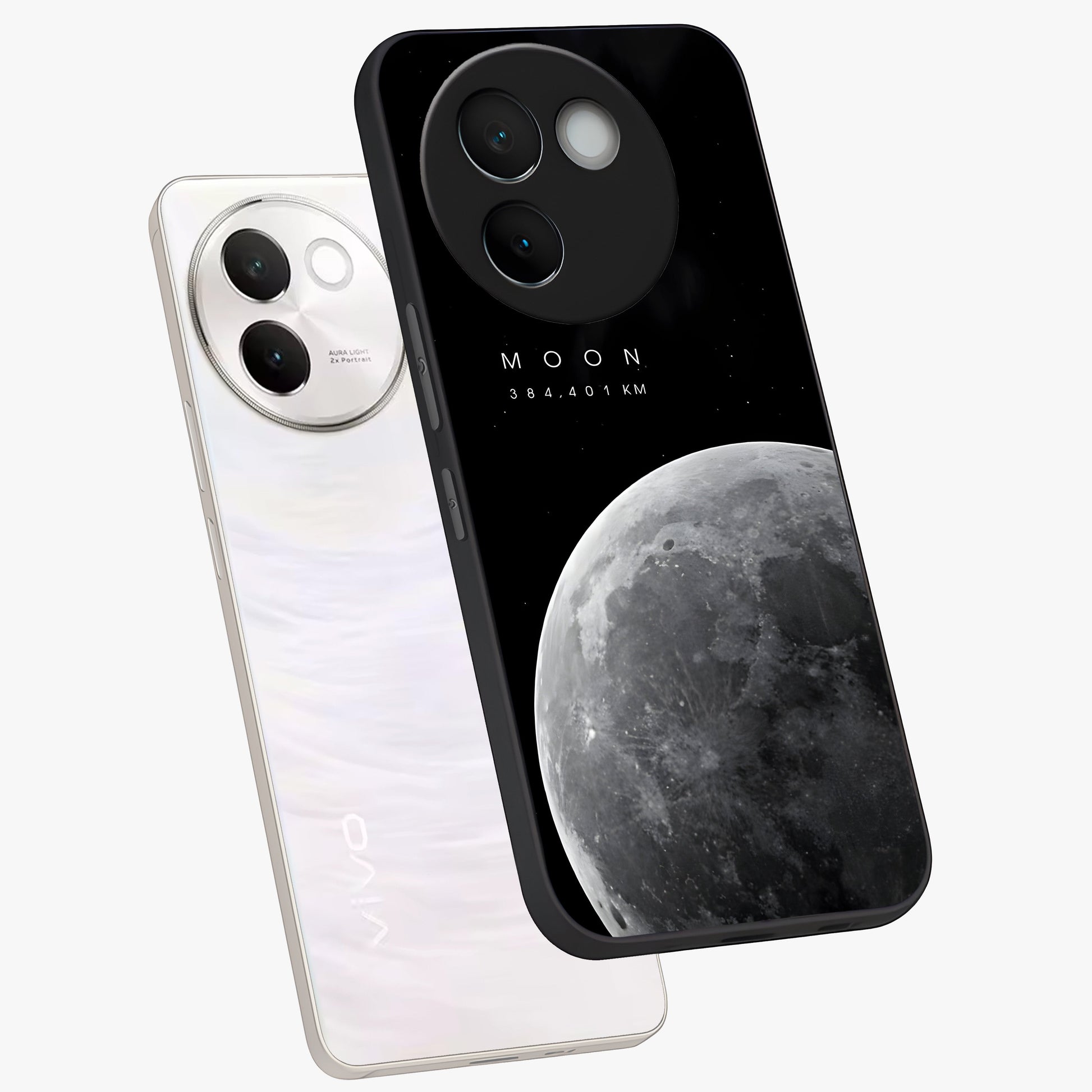 Cosmic Moon Glow Glass Case displayed in angled mockup highlighting celestial moon design with cosmic aesthetic theme.