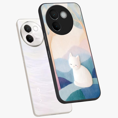 Cotton Dream Cat Glass Case displayed in angled mockup highlighting cute feline illustration with pastel aesthetic style.