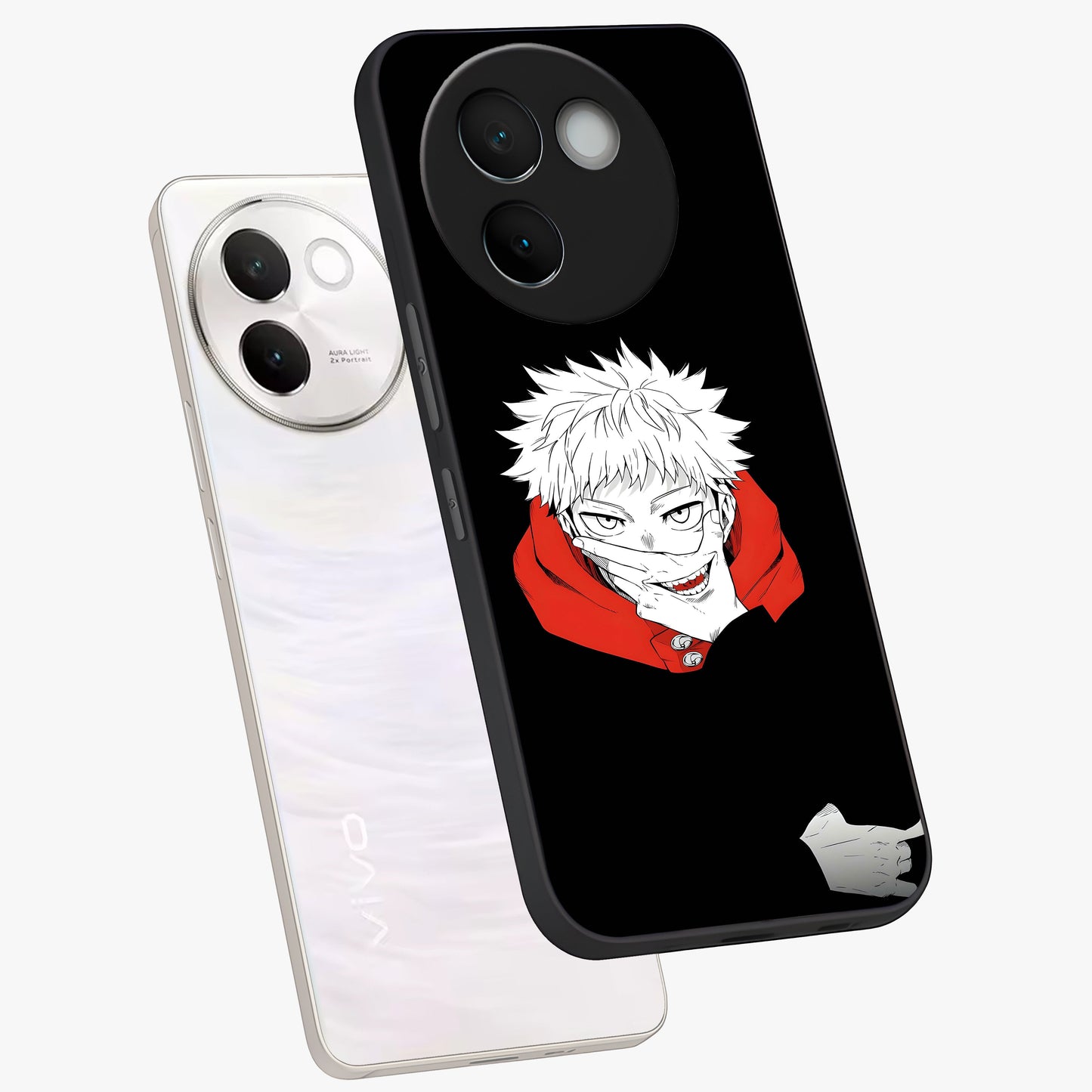 Crimson Chaos Smile Glass Case displayed in angled mockup highlighting edgy crimson smile design with graphic aesthetic.