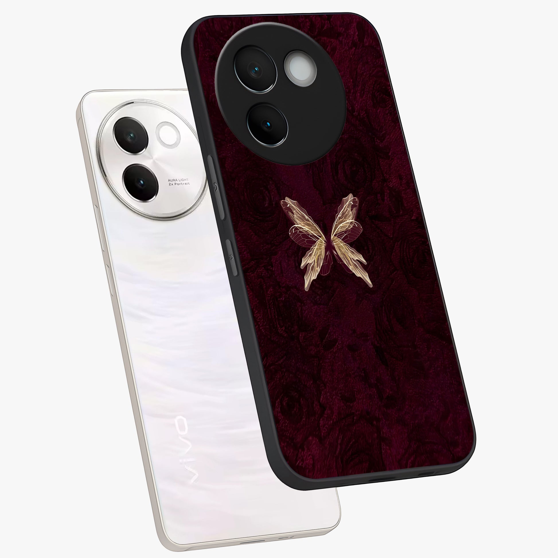 Crimson Fade Butterfly Glass Case displayed in angled mockup highlighting elegant butterfly design with crimson gradient aesthetic.