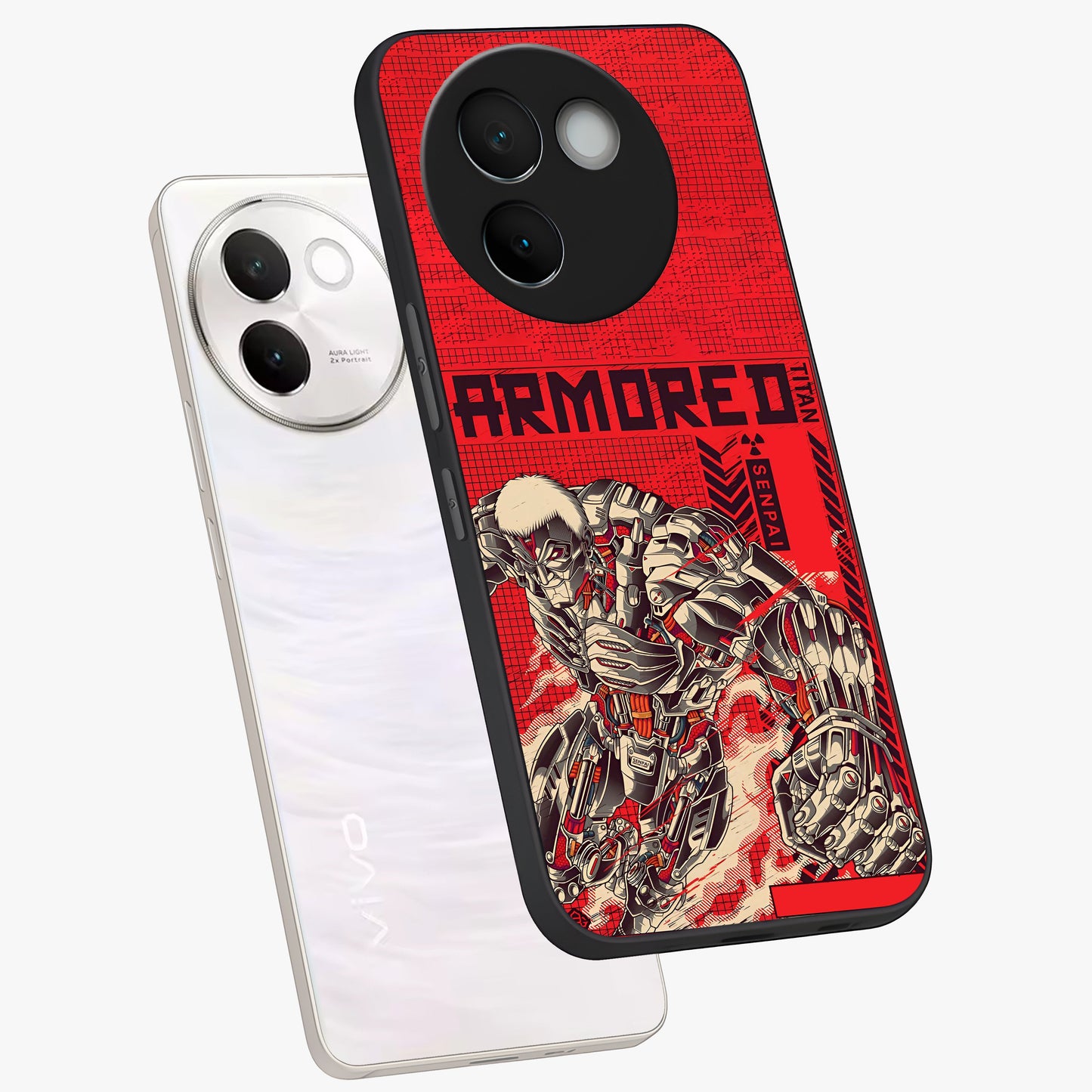 Crimson Mecha Titan Glass Case displayed in angled mockup highlighting futuristic mech illustration with bold crimson aesthetic.