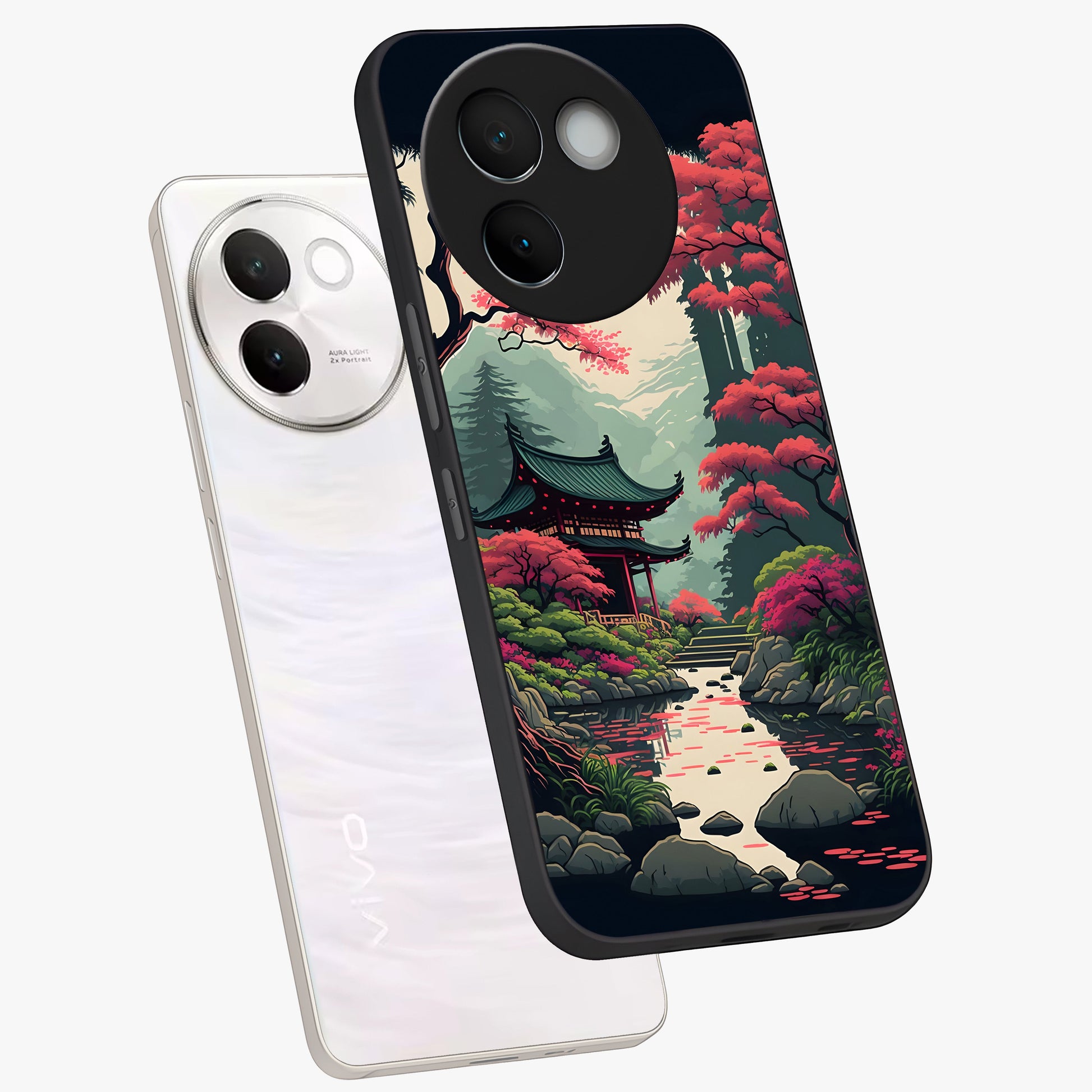 Crimson Temple View Glass Case displayed in angled mockup highlighting traditional temple illustration with crimson aesthetic.