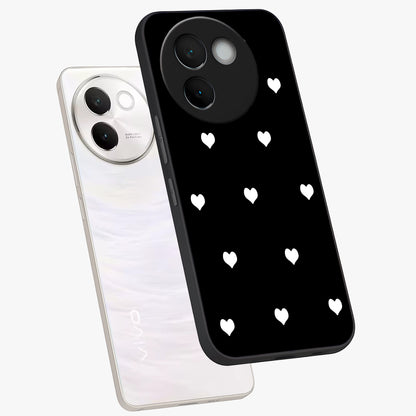 Cute And Simple White Hearts Glass Case displayed in angled mockup highlighting cute heart design with clean aesthetic style.
