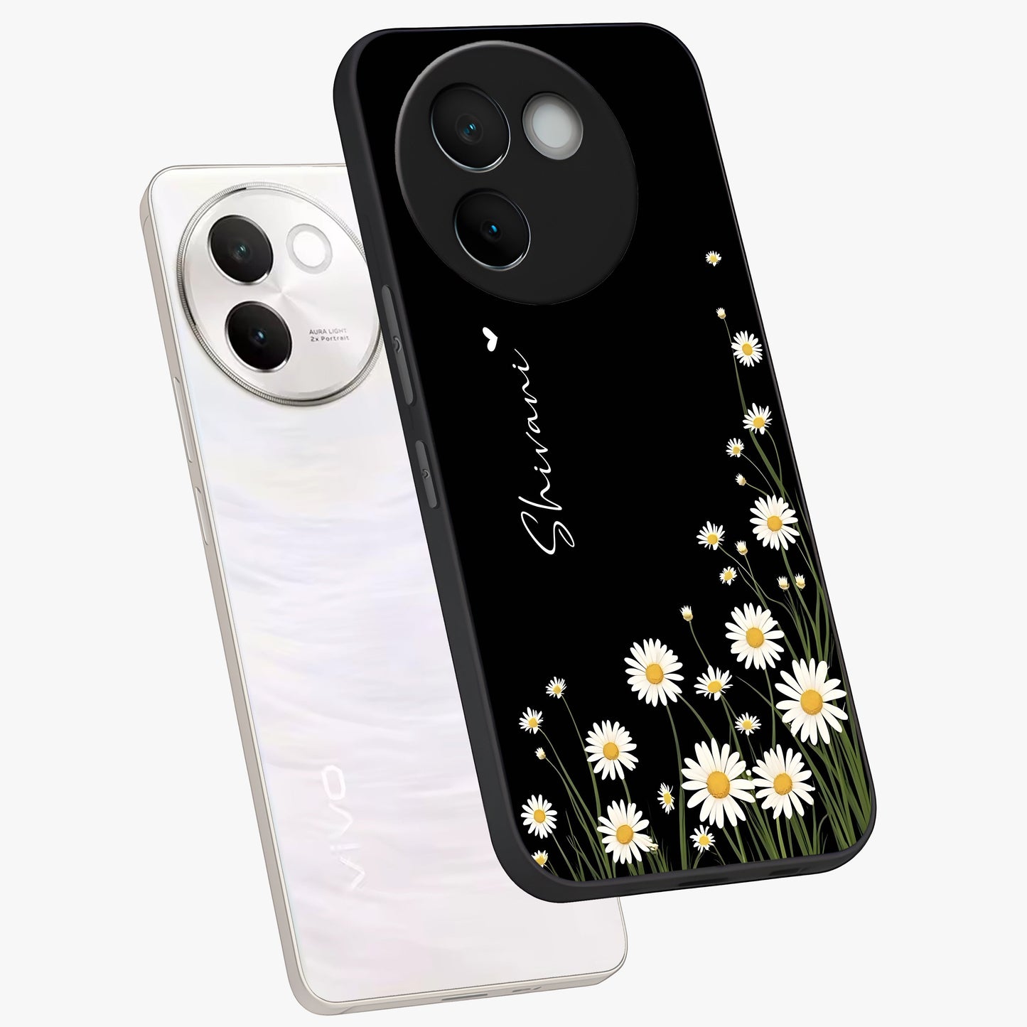 Daisy Cascade Custom Name Glass Case displayed in angled mockup highlighting delicate daisy artwork with custom name feature.