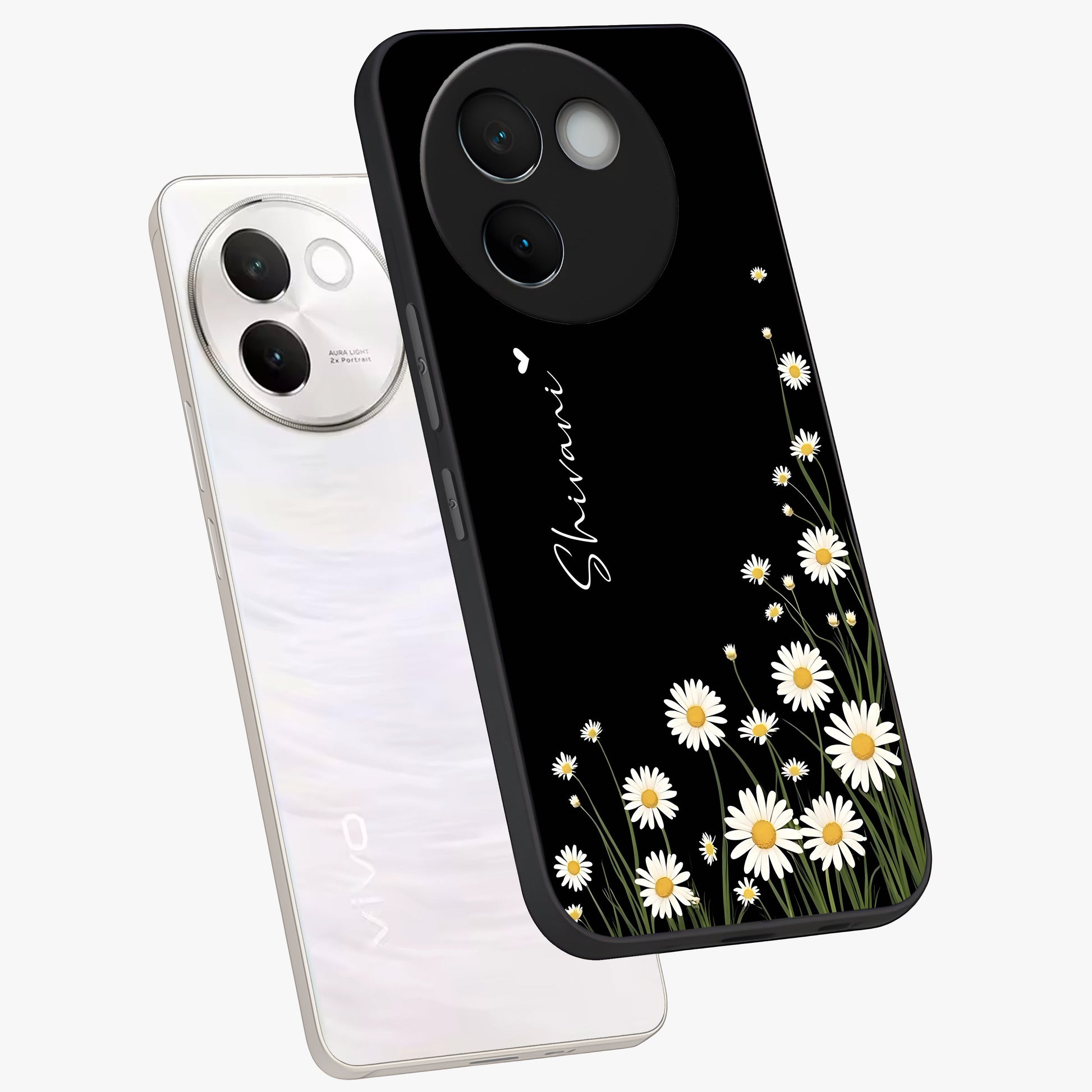 Daisy Cascade Custom Name Glass Case displayed in angled mockup highlighting delicate daisy artwork with custom name feature.