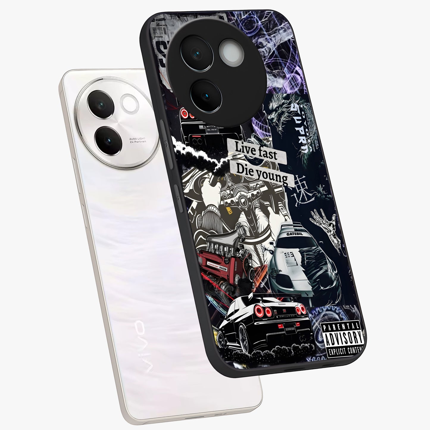 Die Young Glass Case displayed in angled mockup highlighting expressive graphic artwork with edgy aesthetic style.