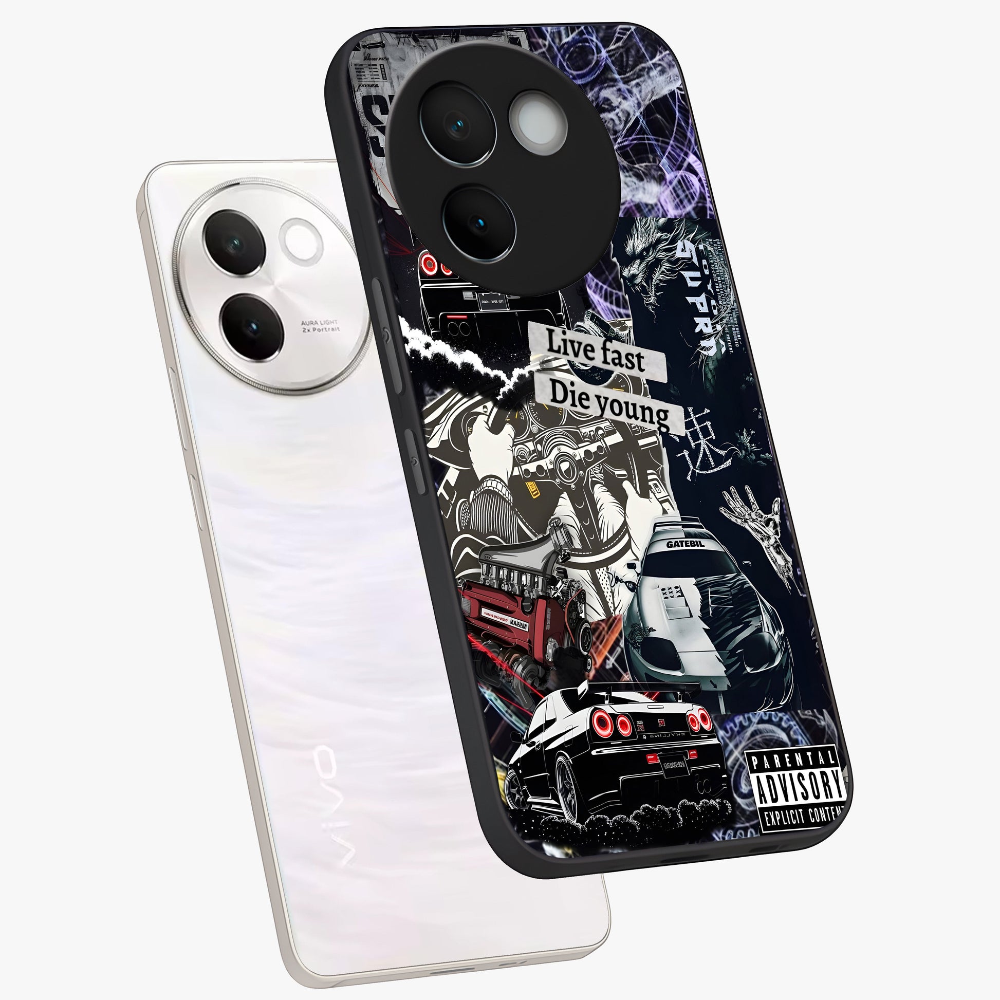Die Young Glass Case displayed in angled mockup highlighting expressive graphic artwork with edgy aesthetic style.