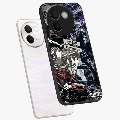 Die Young Glass Case displayed in angled mockup highlighting expressive graphic artwork with edgy aesthetic style.