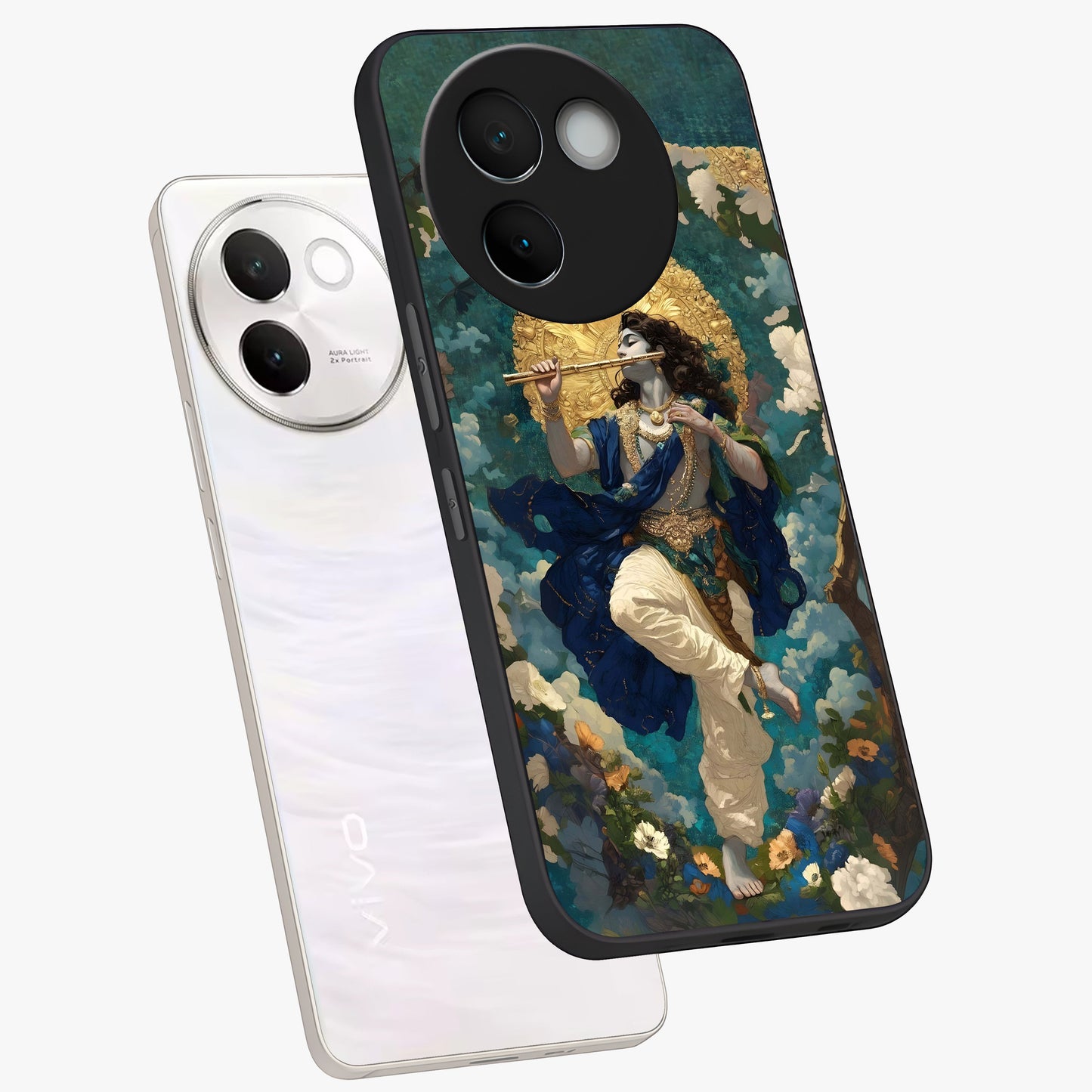 Divine Krishna Art Glass Case displayed in angled mockup highlighting spiritual Krishna illustration with devotional aesthetic.