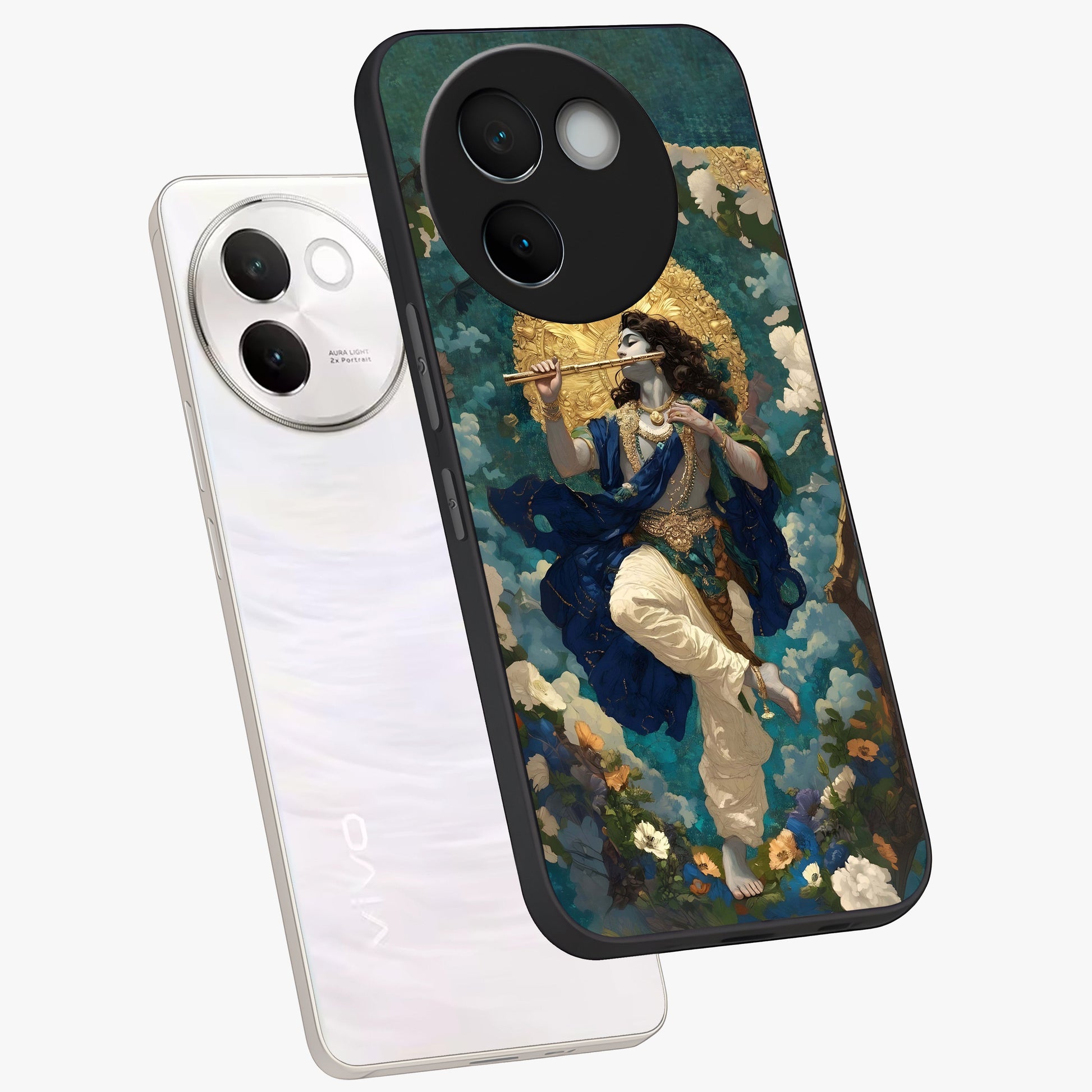 Divine Krishna Art Glass Case displayed in angled mockup highlighting spiritual Krishna illustration with devotional aesthetic.
