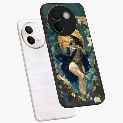Divine Krishna Art Glass Case displayed in angled mockup highlighting spiritual Krishna illustration with devotional aesthetic.