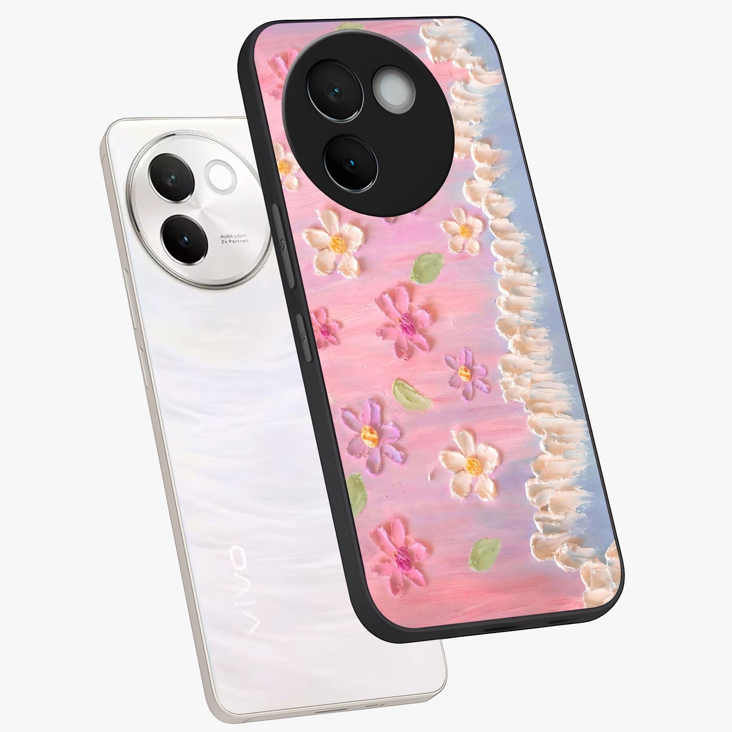 Dreamy Painted Garden Glass Case displayed in angled mockup highlighting colorful garden illustration with dreamy aesthetic style.