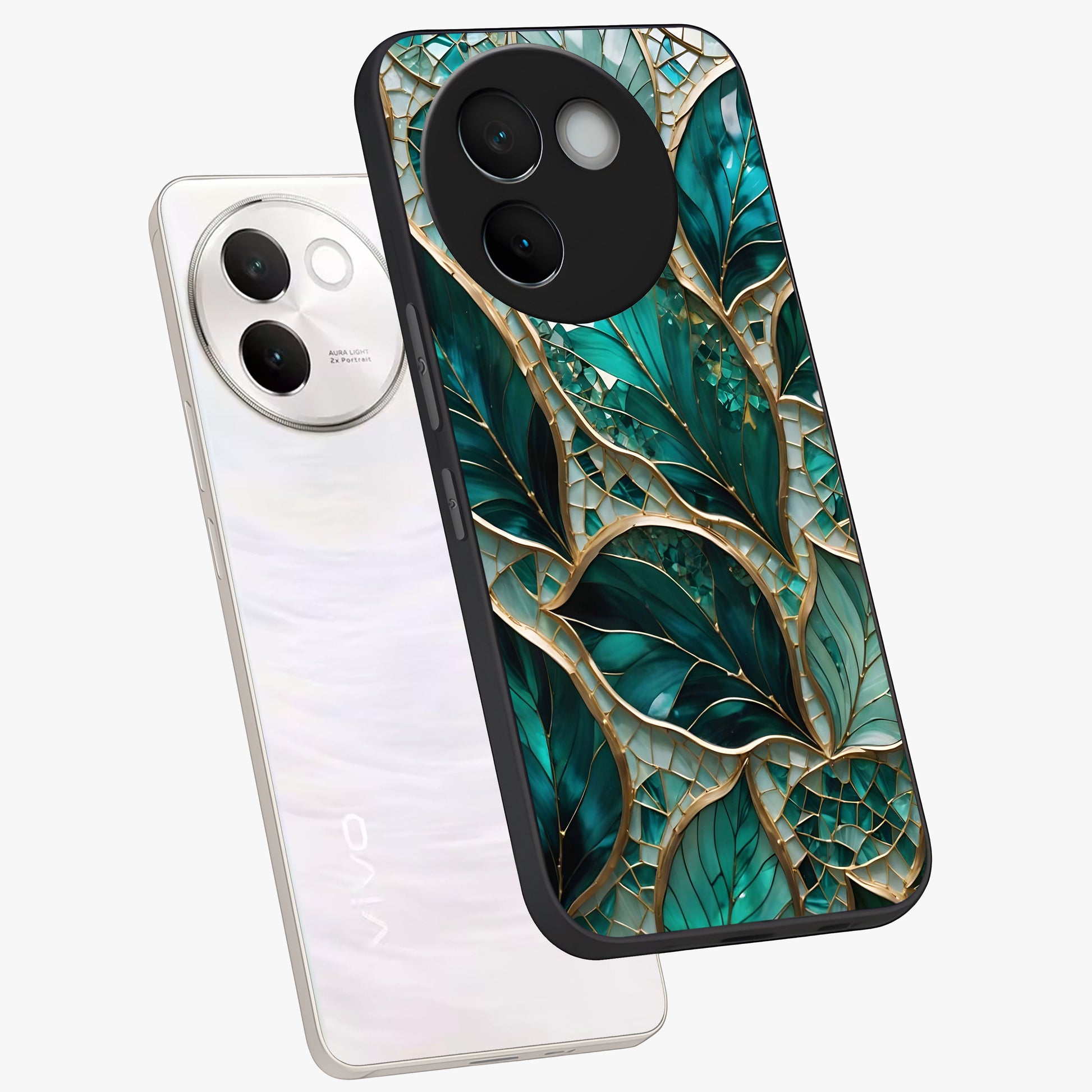Emerald Leaf Glass Glass Case displayed in angled mockup highlighting botanical leaf illustration with elegant natural aesthetic.